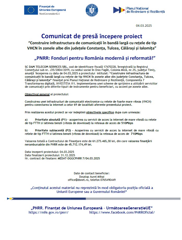 Anunt DAM TELECOM SERVICES SRL - Comunicat de presa incepere proiect - 04.03.2025