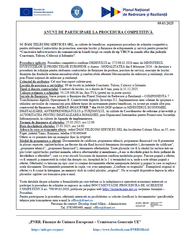 Anunt DAM TELECOM SERVICES SRL - Anunt de participare la procedura competitiva-09.03.2025