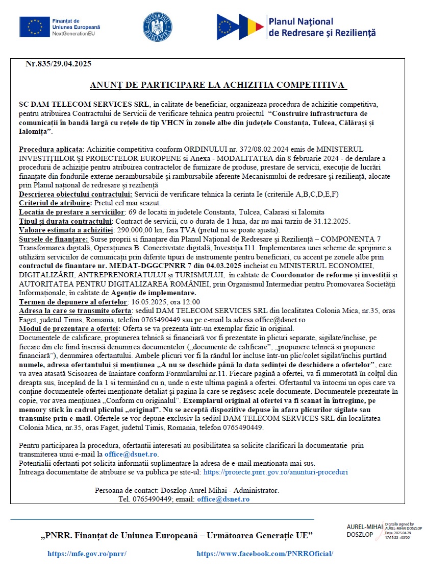 Anunt DAM TELECOM SERVICES SRL - Anunt de participare la procedura competitiva-29.04.2025