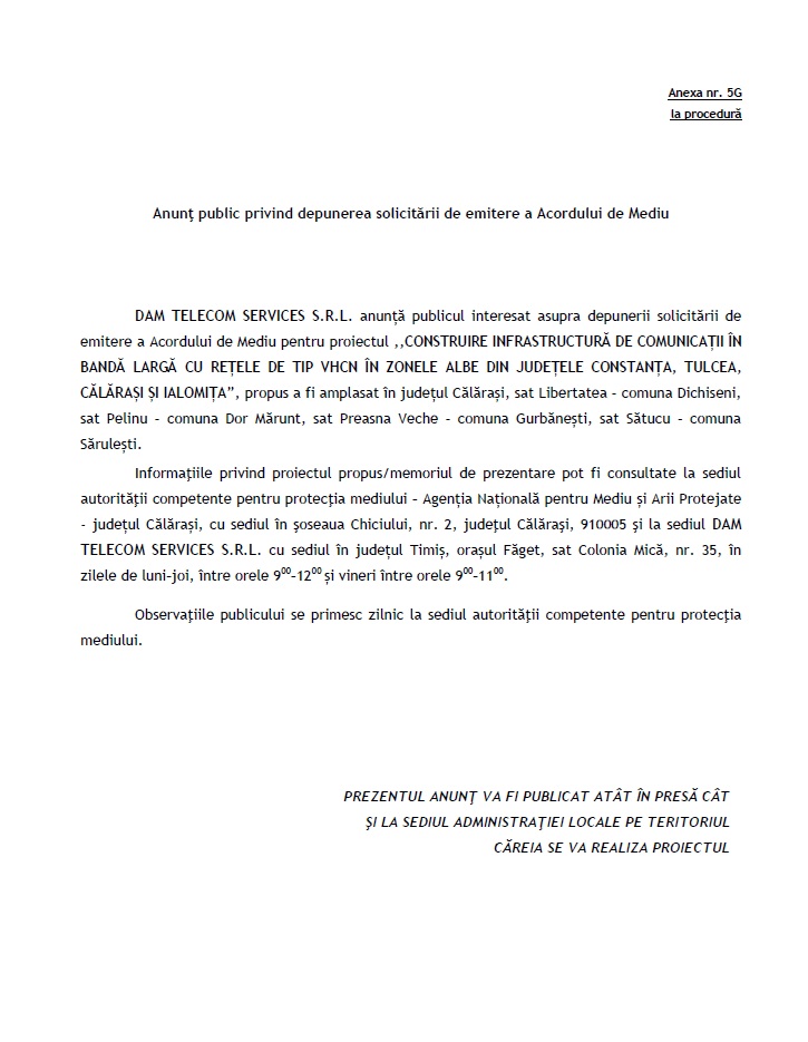 Anunt DAM TELECOM SERVICES SRL - ANUNT ANMAP - DJM CALARASI
