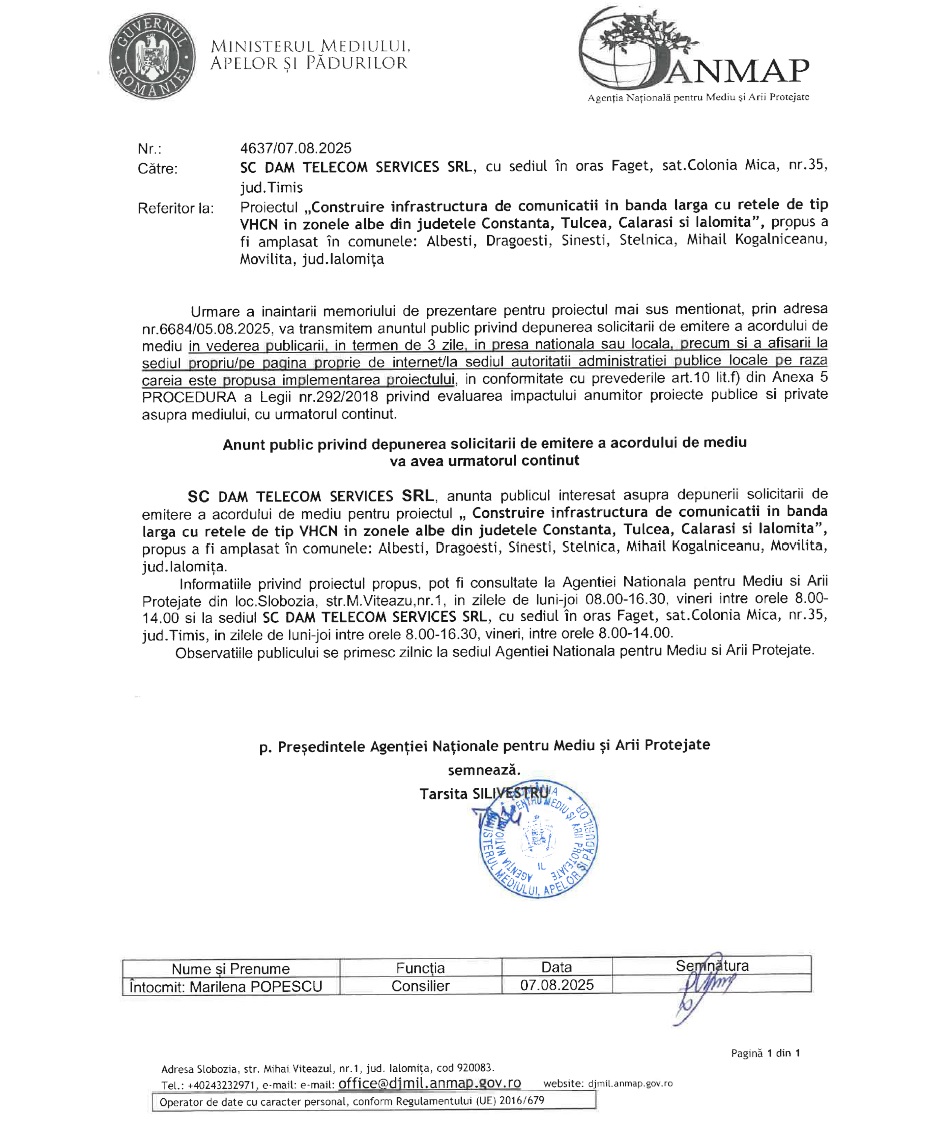 Anunt DAM TELECOM SERVICES SRL - ANUNT ANMAP - DJM IALOMITA